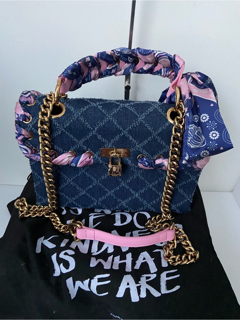 Kurt Geiger Navy Denim Quilted Shoulder Bag with Pink Scarf Accent